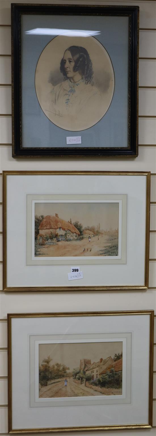 F. Forde, pair of watercolours, Village scenes, 1906, 18 x 29cm. and a portrait of a lady